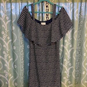 Striped Off-Shoulder Ruffle Dress in Navy and White